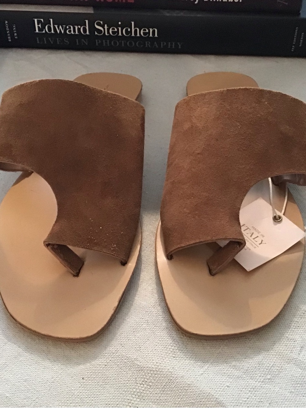 Mila Paoli Tan Suede Toe-Loop Slide Sandals